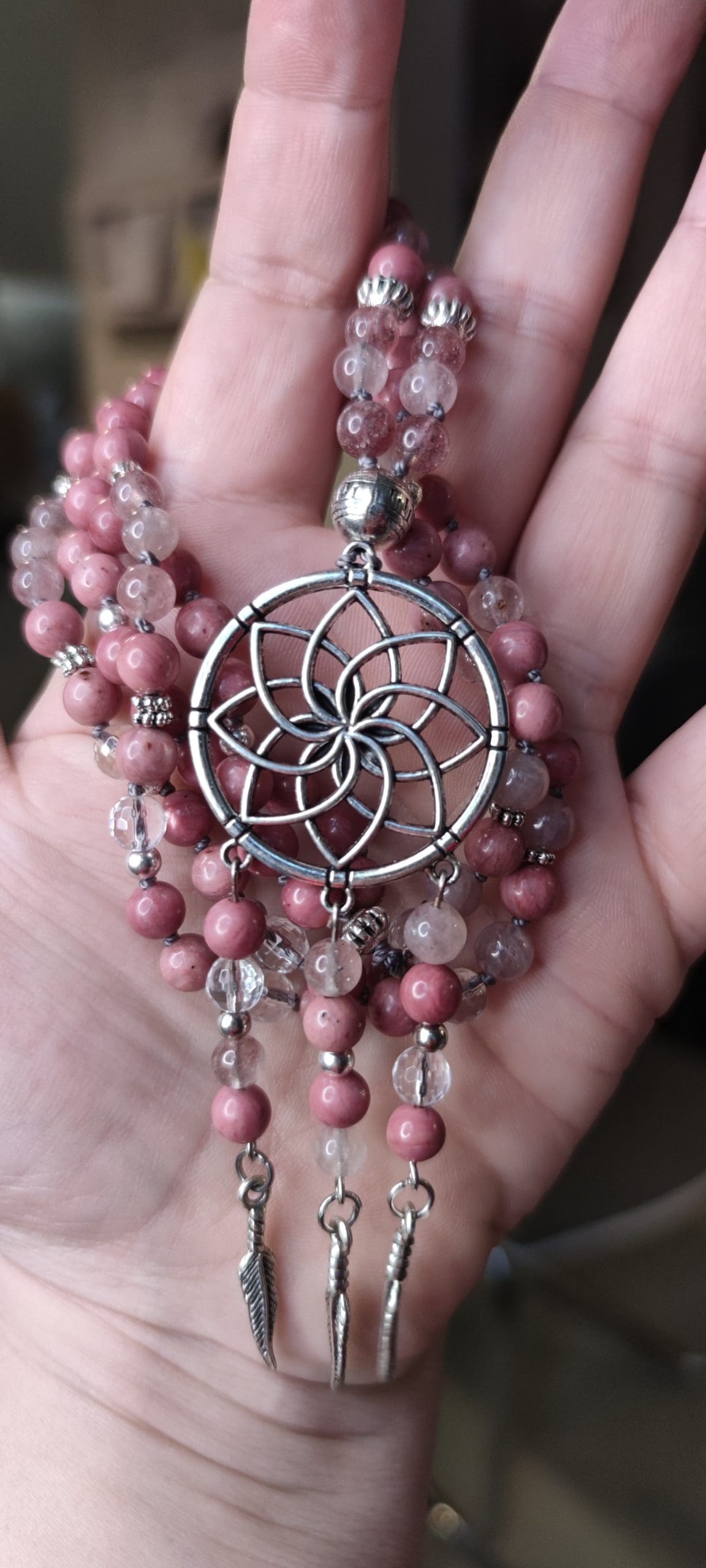 Mala Rhodonite quartz rose fraise, Cristal de Roche Mala Rhodonite quartz rose fraise, Cristal de Roche