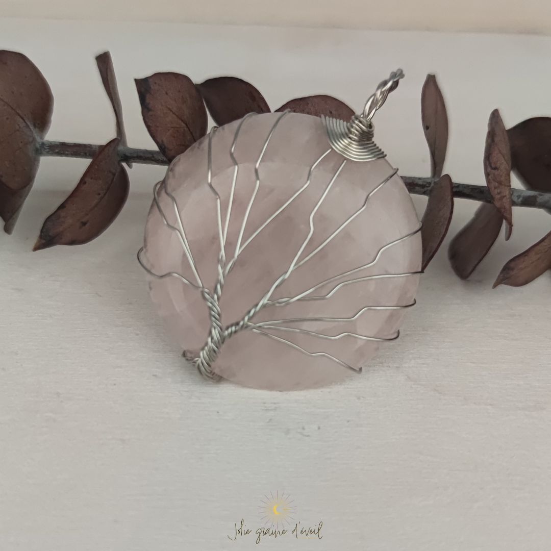 PENDENTIF ROND QUARTZ ROSE ARBRE DE VIS PENDENTIF ROND QUARTZ ROSE ARBRE DE VIS